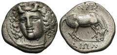 Greek Coins Thessaly, Larissa. Ca. 356-342 B.C. AR drachm (18 mm, 5.84 g, 6 h). Head of the nymph Larissa facing slightly left, hair bound with ampyx, wearing necklace / [Λ]APIΣ-AIΩN, horse standing r