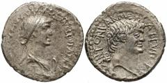 Roman Imperatorial Coins Mark Antony and Cleopatra VII. 34 B.C. AR denarius (19 mm, 3.46 g, 1 h). Mint moving with Antony in the East. CLEOPAT[RAE REGINAE REGVM FILIORVM] REGVM, diademed and draped bu