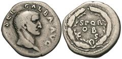 Roman Imperial Coins Galba. A.D. 68-69. AR denarius (18 mm, 3.22 g, 6 h). Rome, A.D. 68. [IMP] SER GALBA AVG, bare head of Galba right / S P Q R / OB / C S in three lines within oak-wreath. RIC 167; B