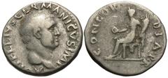 Roman Imperial Coins Vitellius. A.D. 69. AR denarius (19 mm, 3.43 g, 6 h). Rome. A VITELLIVS GER[MANI]CVS IMP, bare head of Vitellius right / CONCOR-DIA P R, Concordia seated left, holding patera and 
