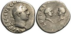Roman Imperial Coins Vitellius, with his children. A.D. 69. AR denarius (17 mm, 3.29 g, 7 h). Rome. A VITELLIVS GER[MAN IMP TR P], laureate head of Vitellius right / LIBERI [IMP GERMAN], confronted he