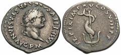 Roman Imperial Coins Titus. A.D. 79-81. AR denarius (19 mm, 2.91 g, 5 h). Rome, A.D. 80. IMP TITVS CAES VESPASIAN AVG P M, laureate head of Titus right / TR P IX IMP XV COS VIII P P, dolphin coiled ar