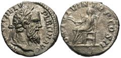 Roman Imperial Coins Pertinax. A.D. 193. AR denarius (17 mm, 2.87 g, 12 h). Rome. IM[P CAES] P HELV PERTIN AVG, laureate head of Pertinax roght / OPI DIVIN TR P COS II, Ops seated left, holding two gr