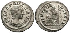 Roman Imperial Coins Julia Paula. Augusta, A.D. 219-220. (19 mm, 3.15 g, 7 h). Rome, under Elagabalus, A.D. 220. IVLIA PAVLA AVG, draped bust of Julia Paula right / VENVS GE-NETRIX, Venus seated left 