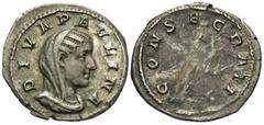 Roman Imperial Coins Diva Paulina. Died ca. A.D. 235. AR denarius (20 mm, 3.10 g, 6 h). Rome, under Maximinus I 'Thrax', A.D. 236. DIVA PAVLINA, veiled and draped bust of Paulina right / CONSECRATIO, 