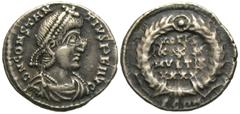 Roman Imperial Coins Constantius II. A.D. 337-361. AR siliqua (17 mm, 2.18 g, 6 h). Arelate, A.D. 353-355. D N CONSTAN-TIVS P F AVG, diademed, draped and cuirassed bust of Constantius II right / VOTIS