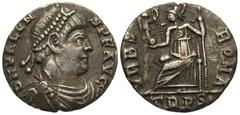Roman Imperial Coins Valens. A.D. 364-378. AR siliqua (16 mm, 1.55 g, 6 h). Treveri, A.D. 367-375. D N VALEN-S P F AVG, diademed, draped, and cuirassed bust of Valens right / VRBS ROMA, Roma seated le