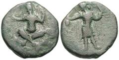 Ancient Indian Coins India, Kushan Empire. Huvishka. ruled Ca. A.D. 155-190. Æ tetradrachm (24 mm, 10.97 g). King seated cross-legged with Bactrian legend around / Deity of royal glory Pharro standing