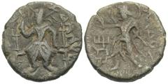 Ancient Indian Coins India, Kushan Empire. Kanishka I. Ca. A.D. 127/8-152. Æ tetradrachm (19 mm, 4.28 g). King seated on throne, head left, with one hand raised / Lunar deity Mao standing left, holdin