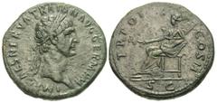 Roman Imperial Coins Trajan. A.D. 98-117. Æ sestertius (33 mm, 26.90 g, 6 h). Rome, A.D. 98. IMP CAES NERVA TRAIAN AVG GERM P M, laureate head of Trajan right / TR POT COS II, S C in exergue, Pax seat