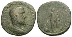Roman Imperial Coins Pupienus. A.D. 238. Æ sestertius (28 mm, 18.92 g, 12 h). Rome. [IMP CA]ES M CLOD PVPIENVS AVG, Laureate, draped and cuirassed bust of Pupienus right / PROVIDENTIA DEORVM, S C acro