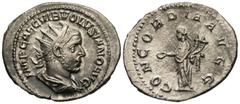 Roman Imperial Coins Volusian. A.D. 251-253. AR antoninianus (24 mm, 4.41 g, 6 h). Rome, A.D. 253. IMP CAE C VIB VOLVSIANO AVG, radiate, draped and cuirassed bust of Volusian right / CONCORDIA AVGG, C