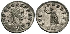 Roman Imperial Coins Carus. A.D. 282-283. Æ antoninianus (19 mm, 3.87 g, 12 h). Ticinum. IMP CARVS P F AVG, radiate, draped and cuirassed bust of Carus right / SPES PVBLICA, Spes advancing left, holdi