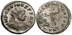 Roman Imperial Coins Carinus. A.D. 283-285. Æ antoninianus (21 mm, 3.89 g, 5 h). Ticinum. IMP CARINVS P F AVG, radiate, draped and cuirassed bust of Carinus right / PRINCIPI IV-VENTVT, emperor standin