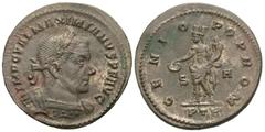 Roman Imperial Coins Maximianus. Second reign, A.D. 307-308. Æ follis (26 mm, 6.08 g, 11 h). Treveri, under Maxentius. IMP C VAL MAXIMIANVS P F AVG, laureate and cuirassed bust of Maximianus right / G