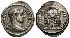 Roman Imperial Coins Galerius. As Caesar, A.D. 293-305. AR argenteus (17 mm, 2.96 g, 6 h). Rome, ca. A.D. 294. MAXIMIA-NVS CAES, laureate head of Galerius right / VIRTVS MILITVM, the four tetrarchs sa