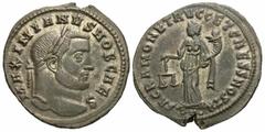 Roman Imperial Coins Galerius. As Caesar, A.D. 293-305. Æ follis (27 mm, 10.04 g, 5 h). Ticinum, A.D. 300-303. MAXIMIANVS NOB CAES, laureate head of Galerius right / SACRA MONET AVGG ET CAESS NOSTR, M