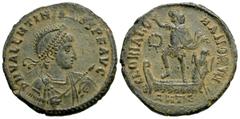 Roman Imperial Coins Valentinian II. A.D. 375-392. Æ (23 mm, 5.41 g, 5 h). Antioch, A.D. 383-386. D N VALENTINIANVS P F AVG, helmeted, draped and cuirassed bust of Valentinian II right, holding spear 