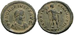 Roman Imperial Coins Honorius. A.D. 393-423. Æ (22 mm, 5.34 g, 11 h). Antioch, A.D. 393-395. D N HONORIVS P F AVG, diademed, draped and cuirassed bust of Honorius right / GLORIA ROMANORVM, emperor sta