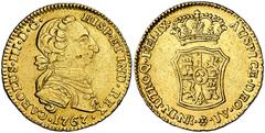 Monarquía española / Spanish Monarchy 1767. Carlos III. Santa Fe de Nuevo Reino. JV. 2 escudos. (AC. 1680) (Restrepo 60-12). Tipo "cara de rata". Insignificante hojita. Ex Colección de 2 escudos y 2 r