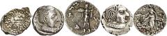 Lotes de conjunto / Lots Lote formado por un dracma de Menandro, un dracma de Azes, un dracma del Imperio Gupta y dos dracmas de la India (Sátrapas Occidentales). Total 5 monedas. A examinar. MBC-/MBC