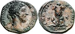 Monedas romanas / Roman coins (177 d.C.). Marco Aurelio. Dupondio. (Spink 5025) (Co. 170) (RIC. 1188). Parte final de la leyenda de anverso rehecha. 11,02 g. (MBC+).