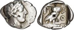 Monedas griegas / Greek coins (454-404 a.C.). Ática. Atenas. Tetradracma. (S. 2526) (CNG. IV, 1597). Punzonadas en anverso y reverso. Contramarca en reverso. 16,90 g. (MBC-).