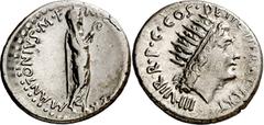 Monedas romanas / Roman coins (38 BC). Mark Antony. Denarius. (Spink 1474) (S. 13a) (Craw. 533/2). Obv.: M. ANTONIVS M. F. M. (N. AVGVR IMP. T)ERT. Veiled Mark Antony standing, holding lituus. Rev.: I