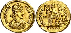 Monedas romanas / Roman coins (402-403 A.D.). Honorius. Mediolanum. Solidus. (Spink 20916) (Co. 44) (RIC. 1206d). Obv.: D. N. HONORIVS P. F. AVG. His bust diademed, draped and cuirassed. Rev.: VICTORI