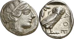 Monedas griegas / Greek coins (454-404 a.C.). Ática. Atenas. Tetradracma. (S. 2526) (CNG. IV, 1597). Anv.: Cabeza de Palas con yelmo ornado de hojas de olivo y volutas. Rev.: AºE. Lechuza parada miran