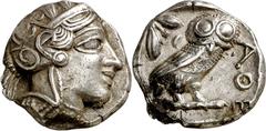 Monedas griegas / Greek coins (454-404 a.C.). Ática. Atenas. Tetradracma. (S. 2526) (CNG. IV, 1597). Anv.: Cabeza de Palas con yelmo ornado de hojas de olivo y volutas. Rev.: AºE. Lechuza parada miran