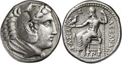 Monedas griegas / Greek coins Imperio Macedonio. Alejandro III, Magno (336-323 a.C.). Macedonia. Tetradracma. (S. 6713 var) (MJP. 122). Anv.: Cabeza de Heracles joven con la piel de león. Rev.: BAWILE