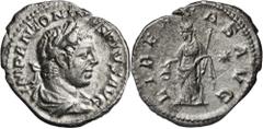 Monedas romanas / Roman coins (220-221 d.C.). Eliogábalo. Denario. (Spink 7523 var) (S. 92) (RIC. 107). Anv.: IMP. ANTONINVS PIVS AVG. Su busto laureado y drapeado. Rev.: LIBERTAS AVG. La Libertad en 