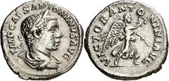 Monedas romanas / Roman coins (después de 219 a.C.). Eliogábalo. Denario. (Spink 7553) (S. 293) (RIC. 153). Anv.: IMP. CAES. ANTONINVS AVG. Su busto laureado y drapeado. Rev.: VICTOR. ANTONINI AVG. Vi