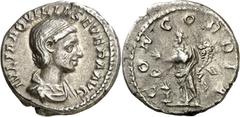 Monedas romanas / Roman coins (221 d.C.). Aquilia Severa. Denario. (Spink 7679 var) (S. 2a) (RIC. 225). Anv.: IVLIA AQVILIA SEVERA AVG. Su busto drapeado. Rev.: CONCORDIA. La Concordia en pie a izquie