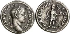 Monedas romanas / Roman coins (230 d.C.). Alejandro Severo. Denario. (Spink 7911) (S. 401a) (RIC. 105). Anv.: IMP. SEV. ALEXAND. AVG. Su cabeza laureada. Rev.: P. M. TR. P. VIIII COS. III P. P. Alejan