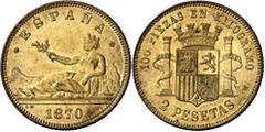 Provisional Government (1868-1871) & First Republic (1873-1874) 1870*1874. First Republic. M. 2 pesetas. (AC. 30) (Aledón 16.PF1). Adopted pattern in gilded bronze, minted on a flan of lesser thicknes