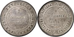 Cantonal Rebellion (1873-1874) 1873. Cantonal Rebellion. Cartagena. 5 pesetas. (AC. 9). Medal alignment. 100 pearls in the inner border on obverse and 85 in the one on the reverse. Hybrid type, this d