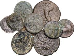Lotes de conjunto / Lots Lote de 7 bronces ibéricos de cecas del sur de la península, incluye 2 bronces de Micipsa y un denario de Eliogábalo. Total 10 monedas. A examinar. BC/MBC.