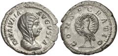 (218 d.C.). Julia Domna. Roma. Denario. (Co. 24) (RIC. 715, Alejandro Severo) (Spink 7651). DIVA IVLIA AVGVSTA. Su busto velado y drapeado. CONSECRATIO. Pavo real en pie a izquierda, con la cola expla