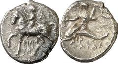Monedas griegas / Greek coins (272-240 BC). Italy. Taras. Didrachm. (S. 374 var) (CNG. I, 889 var). Obv.: Nude youth riding a walking horse, crowning it, behind , below ()/(). Rev.: Taras riding dolph