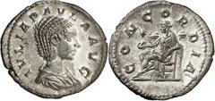 Monedas romanas / Roman coins (220 A.D.). Julia Paula. Denarius. (Spink 7655) (S. 6a) (RIC. 211). Obv.: IVLIA PAVLA AVG. Her bust draped. Rev.: CONCORDIA. Concordia seated left, holding patera, star i