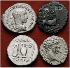 Lote de 3 denarios (Vespasiano, Septimio Severo y Alejandro Severo), incluye un dracma de Iliria. Total 4 monedas. A examinar. BC+/MBC.