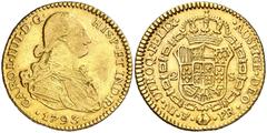 Monedas de oro / Gold coins 1793. Carlos IV. Potosí. PR. 2 escudos. (AC. 1363). Ex Colección de 2 reales y 2 escudos, Áureo 09/04/2003, nº 830. Ex Áureo 26/01/2005, nº 969. Muy rara, sólo hemos tenido