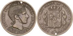 Monedas contemporáneas / Contemporary coins (1877-1879). Alfonso XII. Barcelona. OM. 5 céntimos. Manipulación, con fin satírico, del busto de Alfonso XII con casco y armadura romanos, mediante diminut