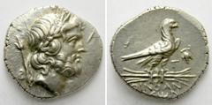 LYCIA Oinoanda AR-Didrachm, 8.36 g., 23 mm. After 188 BC. Obv.: B Head of Zeus, lotus-tipped scepter. Rv.: OINOAN-ΔΕωN / Γ Eagle, winged thunderbolt, grapes. Cf. BMC Lycia pg. 73, 1. Toned. Good extre