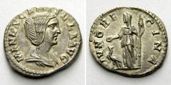 Manlia Scantilla, wife of Didius Julianus AR-Denarius, 2.74 g., 19 mm. Rome, 193. Obv.: MANL SCANTILLA AVG Draped bust r. Rev.: IVNO REGINA Juno l., patera sceptre, peacock. RIC D. Julian 7; Coh. 2; B