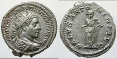 RöMISCHES KAISERREICH ELAGABALVS No.: 202 Rufpreis-Opening bid: CHF 300.- ELAGABALVS 218 - 222 AR - Antoninian 5,24g Rom 218 - 219 Av: IMP CAES M AVR ANTONINVS AVG; Strahlenbekrönte Büste mit Paludame