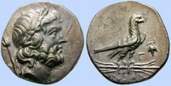 GRIECHEN LYKIEN No.: 132 Rufpreis-Opening bid: CHF 3000.- d=21 mm OINOANDA AR-Stater 8,36g 2. Jh.v.Chr. Av: Lorbeerbekränzter Kopf des Zeus nach rechts, dahinter Zepter. Rv: //[O]INOAN, Adler auf Blit