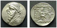 GREEK COINAGE PARTHIAN KINGS No: 112 Rufpreis/Start price CHF 300 MITHRADATES II, 123-88 AR Drachm, 4,09 g. Rhagae. Obverse: Bust of Mithradates l. Reverse: BASILEWS – BASI-LEWN – MEGALOU – EPIFANOUS 